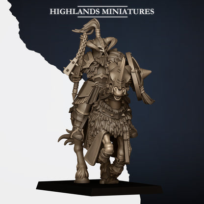 Mounted Norse Huscarls Model B fitted with a flail from the Norse Huscarls hand-weapon set, which shares the same arm socket, Highlands Miniatures render
