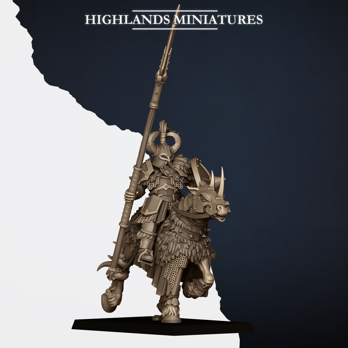 Mounted Norse Huscarls Model C, armoured huscarl on a barded warhorse with spear raised overhead and a shield slung at the flank, curled horns, Highlands Miniatures render