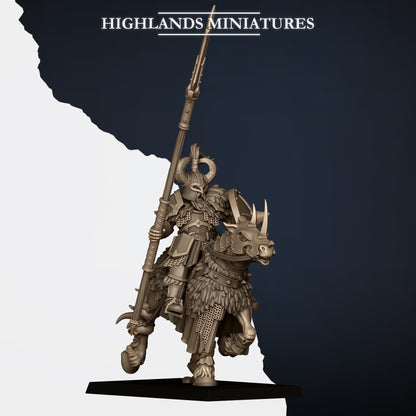 Mounted Norse Huscarls Model C, armoured huscarl on a barded warhorse with spear raised overhead and a shield slung at the flank, curled horns, Highlands Miniatures render