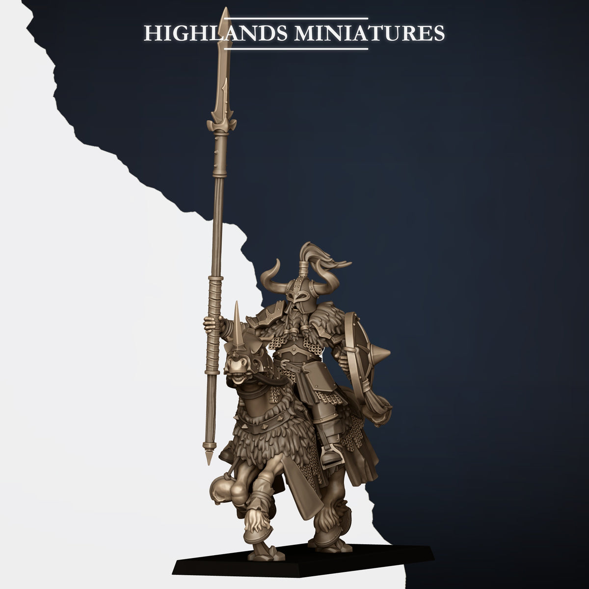 Mounted Norse Huscarls Model D, armoured huscarl on a barded warhorse with spear planted upright and a spiked shield, wide horns and braided beard, Highlands Miniatures render