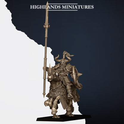 Mounted Norse Huscarls Model D, armoured huscarl on a barded warhorse with spear planted upright and a spiked shield, wide horns and braided beard, Highlands Miniatures render