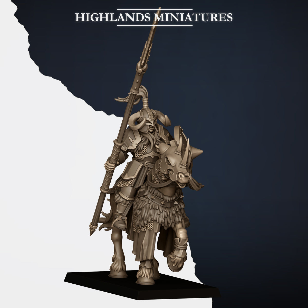 Mounted Norse Huscarls Model E, armoured huscarl on a barded warhorse with spear held at the shoulder and a shield on the arm, long plume, Highlands Miniatures render