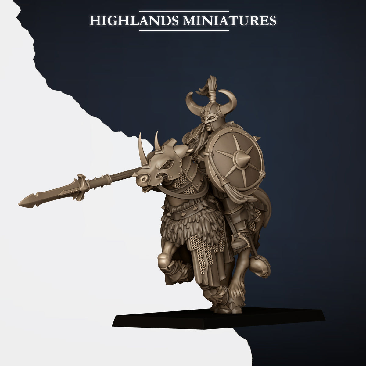 Mounted Norse Huscarls Model F, armoured huscarl on a barded warhorse with spear sculpted couched for the charge and a round shield, horse at the gallop, Highlands Miniatures render