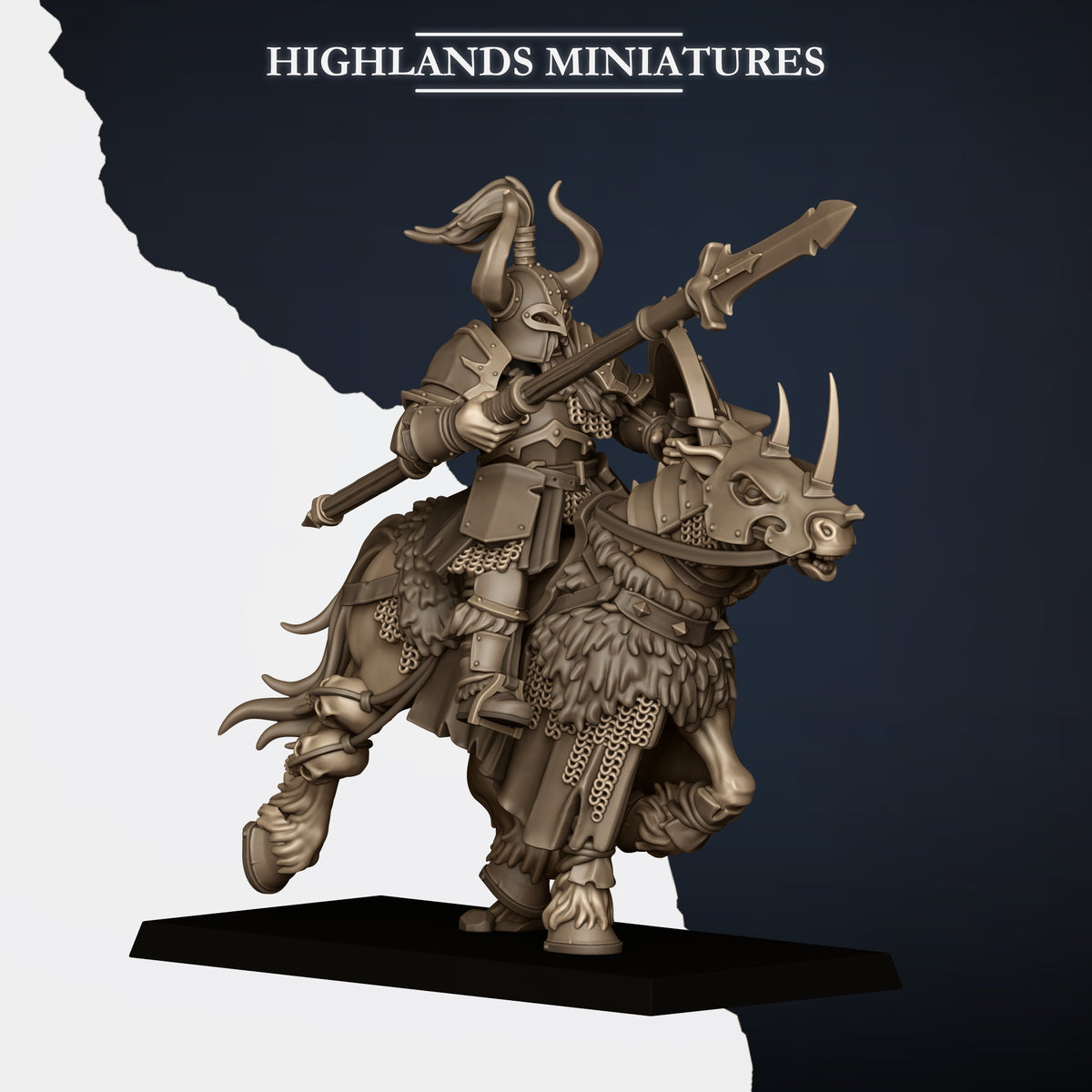 Mounted Norse Huscarls Model G, armoured huscarl on a barded warhorse with spear sculpted two-handed over the saddle, plumed helm, horse at the gallop, Highlands Miniatures render