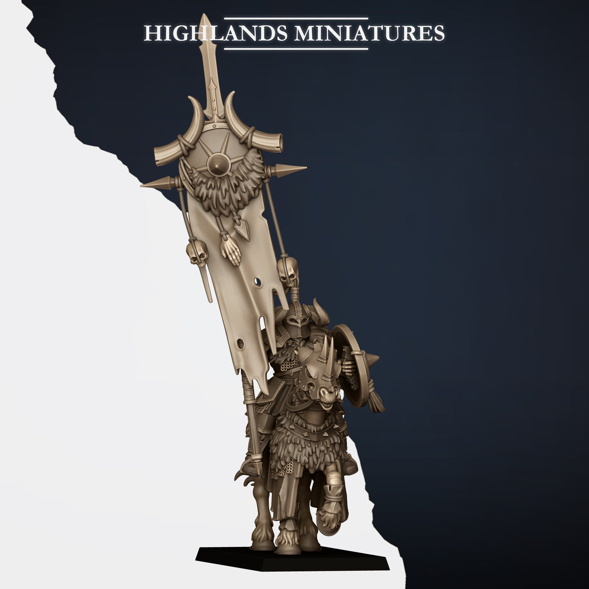 Mounted Norse Huscarls bannerman (sold in the Mounted Command Group listing), the tall horned unit banner hung with skulls and hide, and a shield, Highlands Miniatures render