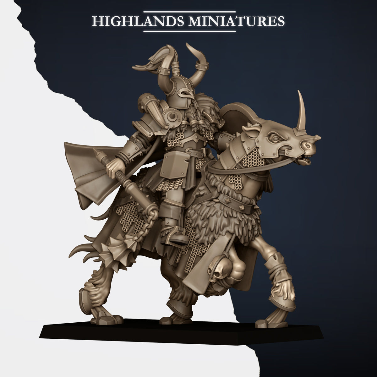 Mounted Norse Huscarls Command Group captain, armoured huscarl on a barded warhorse with a great spiked flail and a cloak, plumed horned helm, resin miniature by Highlands Miniatures