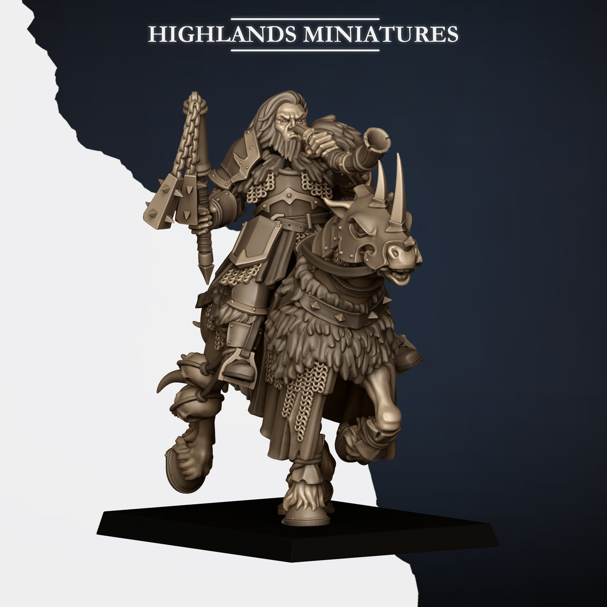 Mounted Norse Huscarls musician (sold in the Mounted Command Group listing), war horn raised and a flail, bare-headed with a braided beard, Highlands Miniatures render