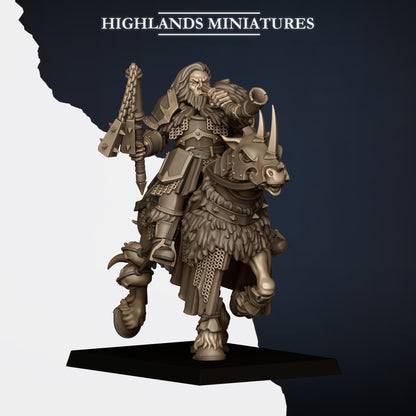 Mounted Norse Huscarls Command Group musician on a barded warhorse with war horn raised and a flail, bare-headed with a braided beard, Highlands Miniatures render