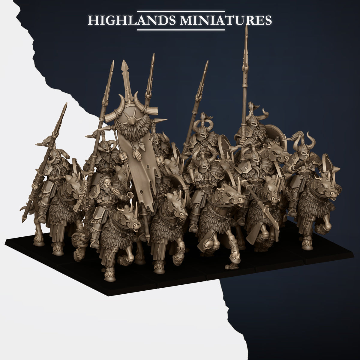 Mounted Norse Huscarls unit with command group, three-quarter view from the left, Highlands Miniatures render