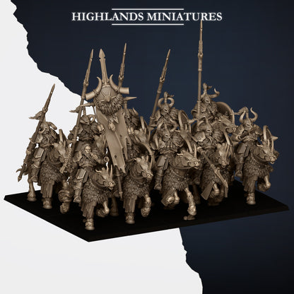 Mounted Norse Huscarls unit with command group, three-quarter view from the left, Highlands Miniatures render