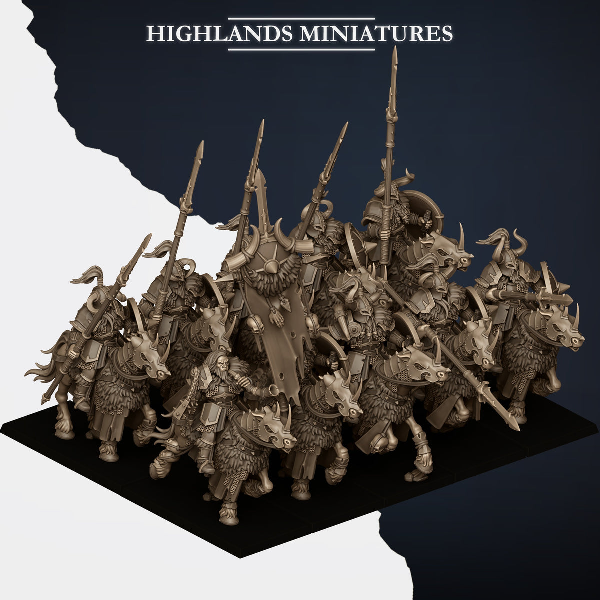 Mounted Norse Huscarls unit with command group, three-quarter view from the right, Highlands Miniatures render