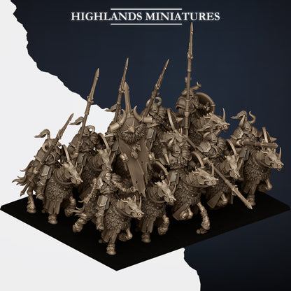 Mounted Norse Huscarls Command Group in a ranked cavalry unit, three-quarter view from the right, Highlands Miniatures render
