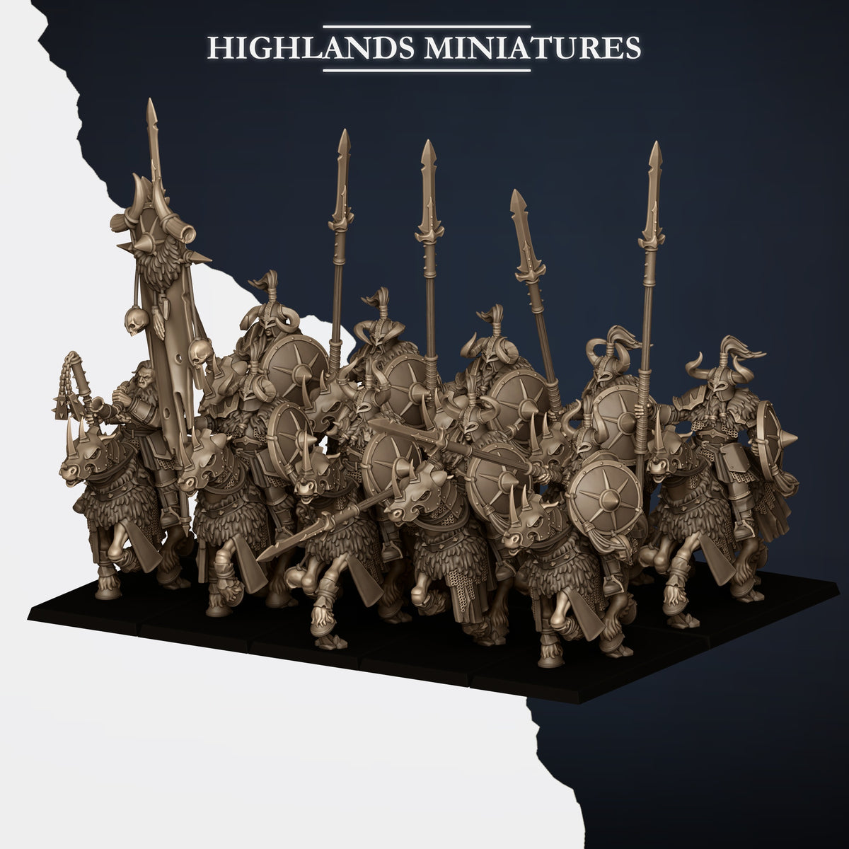 Mounted Norse Huscarls unit with command group, view from the left flank, Highlands Miniatures render