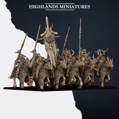 Mounted Norse Huscarls ranked as a ten-model cavalry unit with captain, bannerman and musician, front view, resin miniatures by Highlands Miniatures