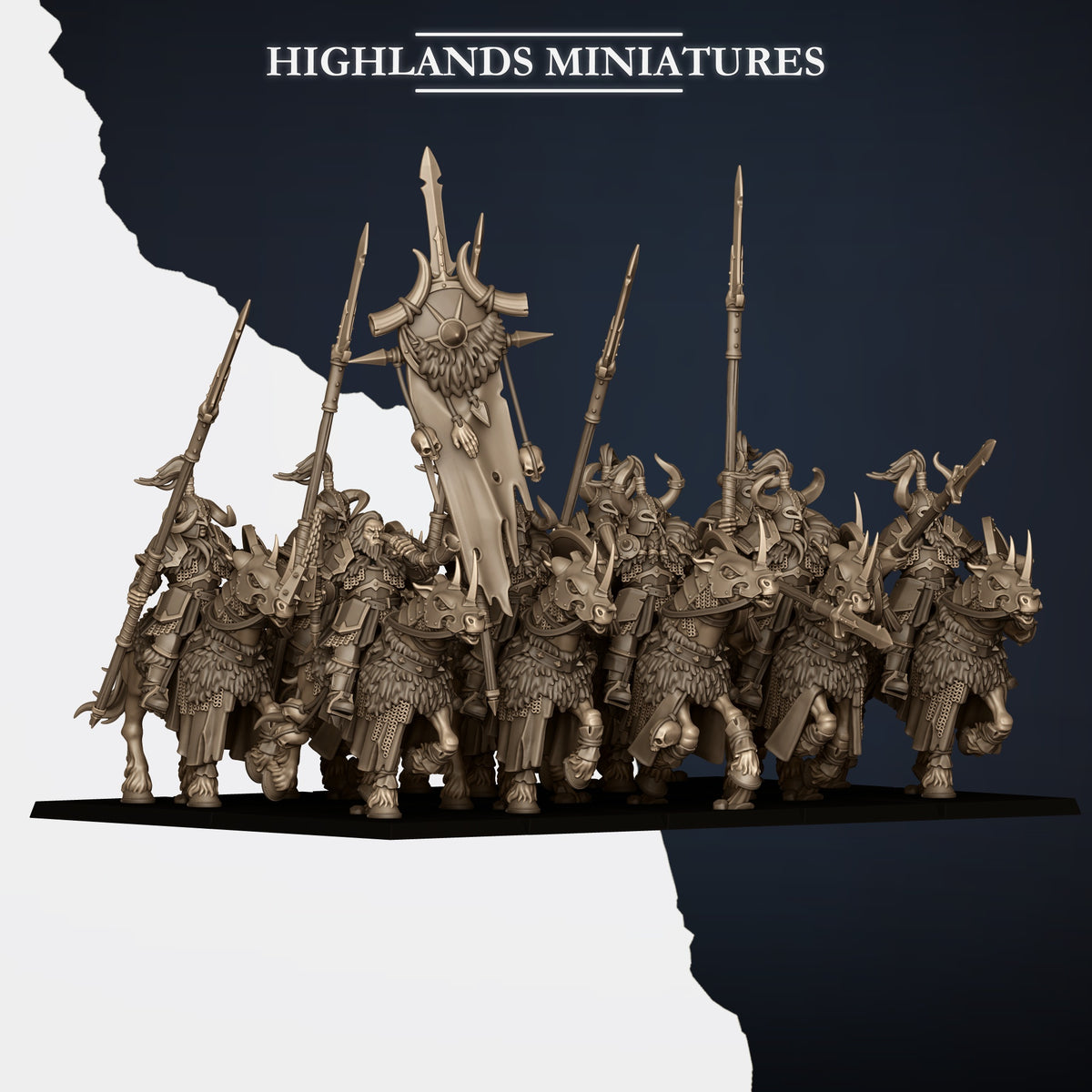 Mounted Norse Huscarls Command Group leading a ranked ten-model cavalry unit, front view, Highlands Miniatures render