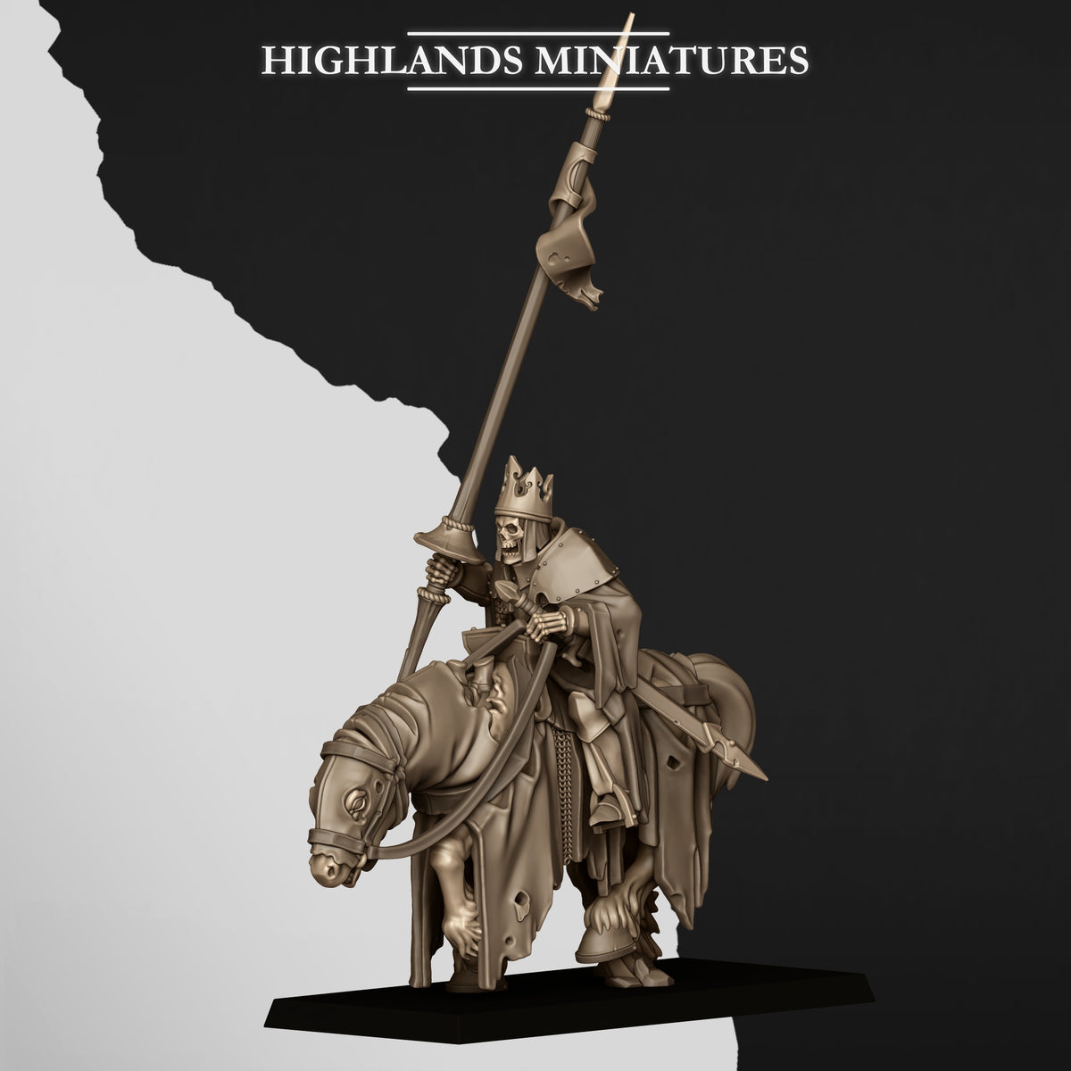 Mounted Skeletal Lord Battle Standard Bearer, built with the lance and pennant instead of the banner, front three-quarter view, Highlands Miniatures render