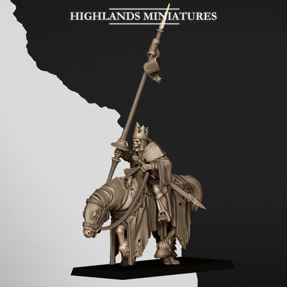 Mounted Skeletal Lord Battle Standard Bearer, built with the lance and pennant instead of the banner, front three-quarter view, Highlands Miniatures render