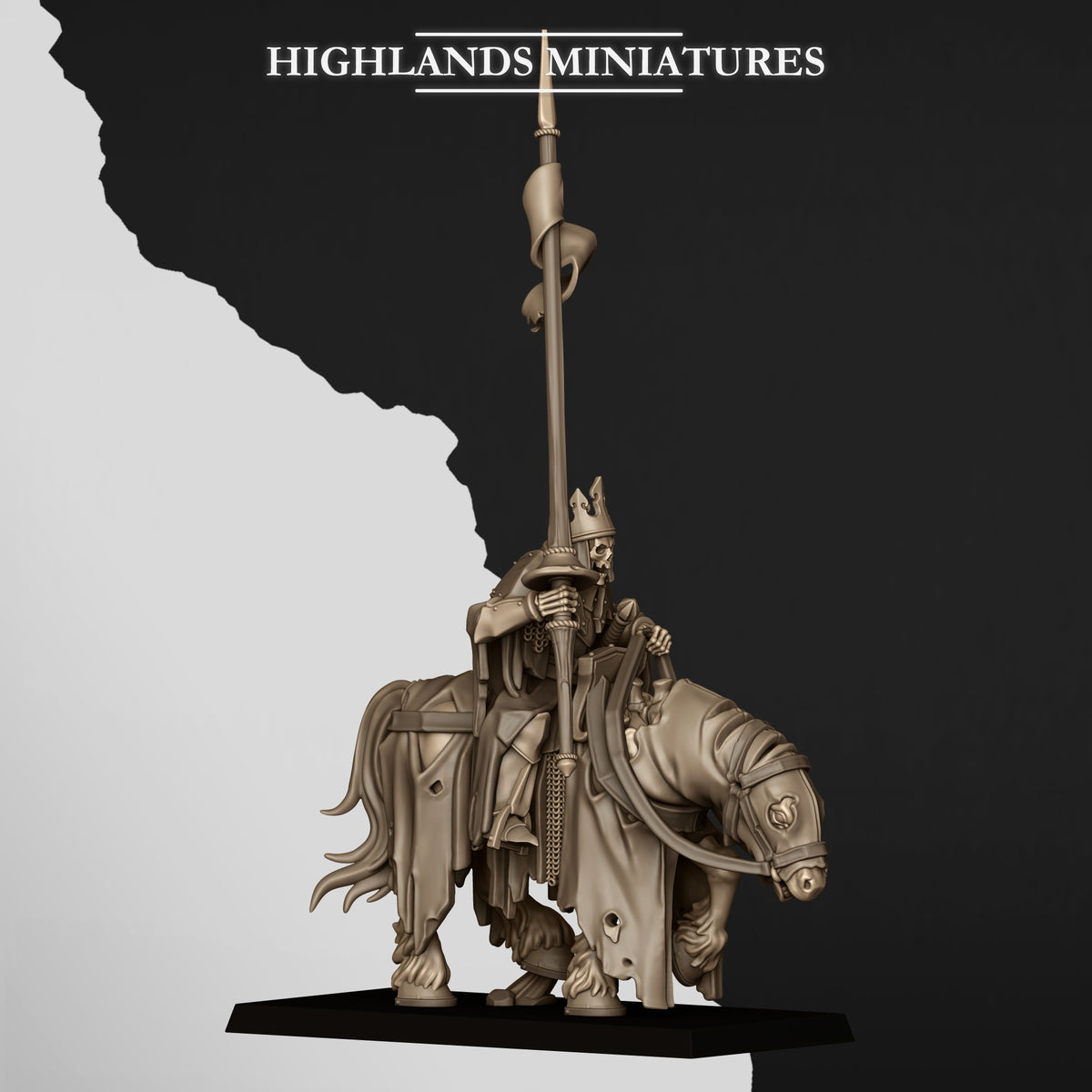 Mounted Skeletal Lord Battle Standard Bearer, built with the lance, front view, Highlands Miniatures render
