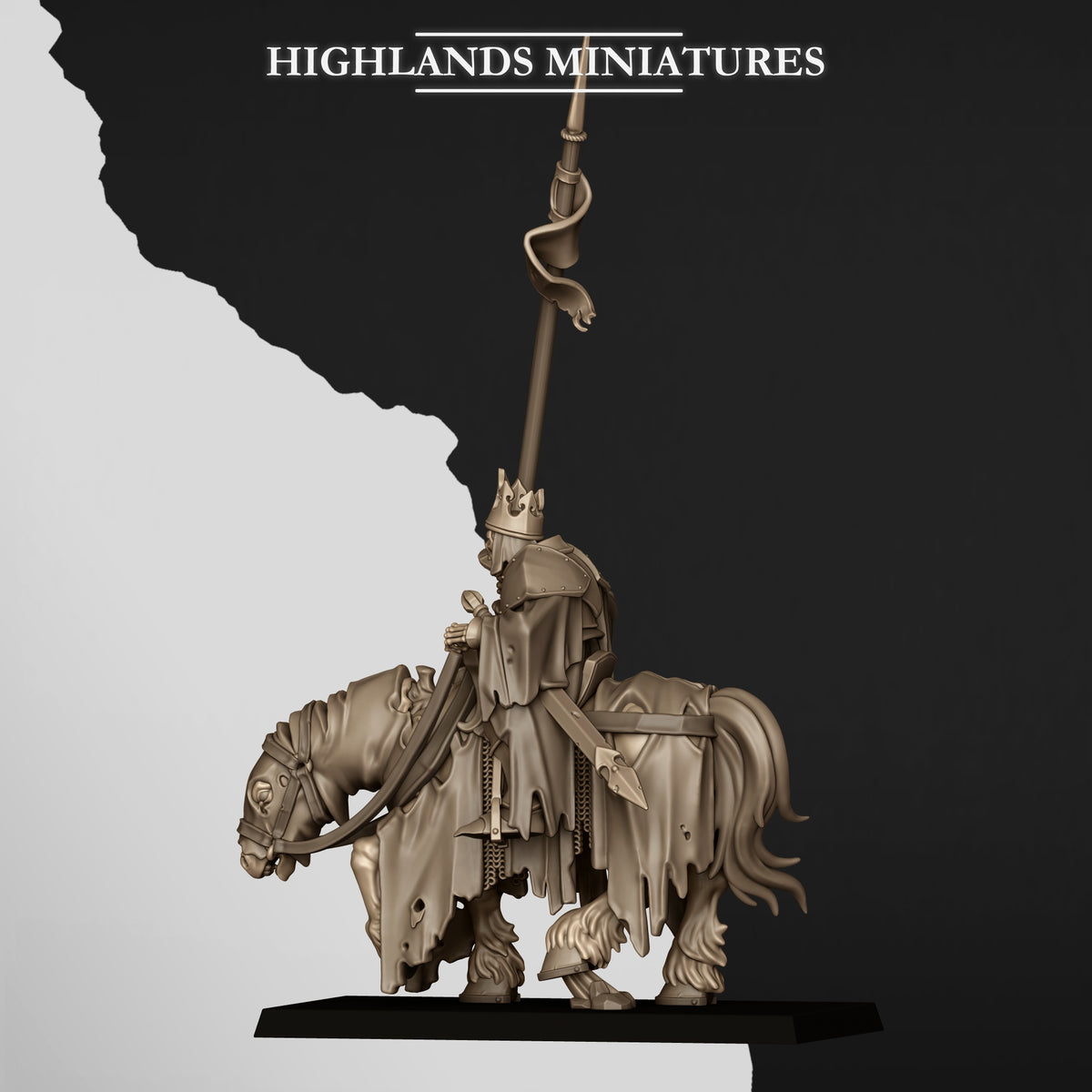 Mounted Skeletal Lord Battle Standard Bearer, built with the lance, side view from the right, Highlands Miniatures render