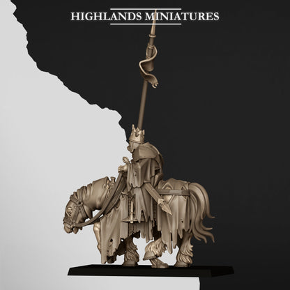 Mounted Skeletal Lord Battle Standard Bearer, built with the lance, side view from the right, Highlands Miniatures render