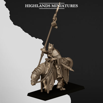 Mounted Skeletal Lord Battle Standard Bearer, built with the lance, three-quarter view from the left, Highlands Miniatures render