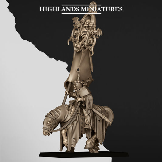 Mounted Skeletal Lord Battle Standard Bearer, crowned skeletal lord on a skeletal warhorse carrying a towering skull banner, front three-quarter view, resin miniature by Highlands Miniatures