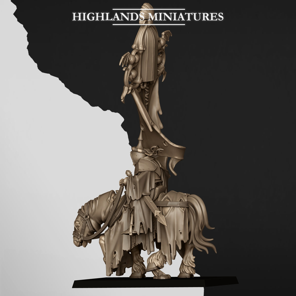 Mounted Skeletal Lord Battle Standard Bearer, the lord with the banner, rear three-quarter view, Highlands Miniatures render