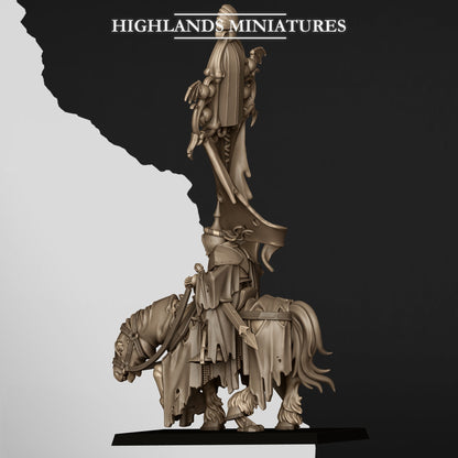Mounted Skeletal Lord Battle Standard Bearer, the lord with the banner, rear three-quarter view, Highlands Miniatures render