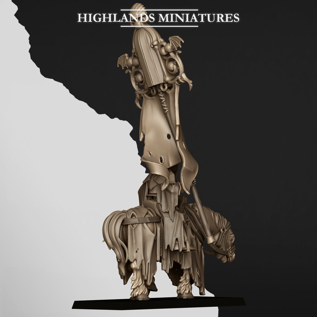 Mounted Skeletal Lord Battle Standard Bearer, the lord with the banner, rear view, Highlands Miniatures render