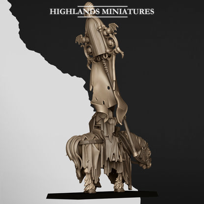 Mounted Skeletal Lord Battle Standard Bearer, the lord with the banner, rear view, Highlands Miniatures render
