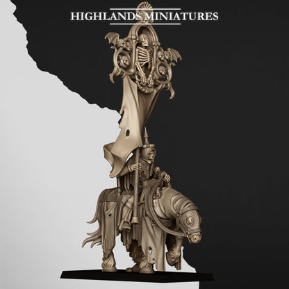Mounted Skeletal Lord Battle Standard Bearer, the lord with the banner, front view, Highlands Miniatures render