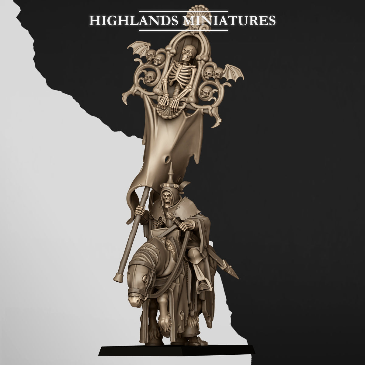 Mounted Skeletal Lord Battle Standard Bearer, the lord with the banner, front three-quarter view from the right, Highlands Miniatures render