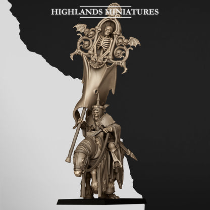 Mounted Skeletal Lord Battle Standard Bearer, the lord with the banner, front three-quarter view from the right, Highlands Miniatures render