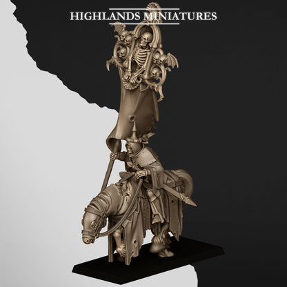 Mounted Skeletal Lord Battle Standard Bearer, the lord with the banner, front three-quarter view close up, Highlands Miniatures render