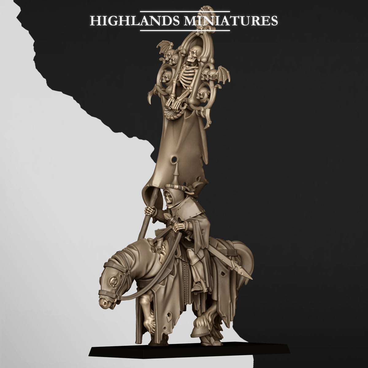 Mounted Skeletal Lord Battle Standard Bearer, the lord with the banner, three-quarter view from the left, Highlands Miniatures render
