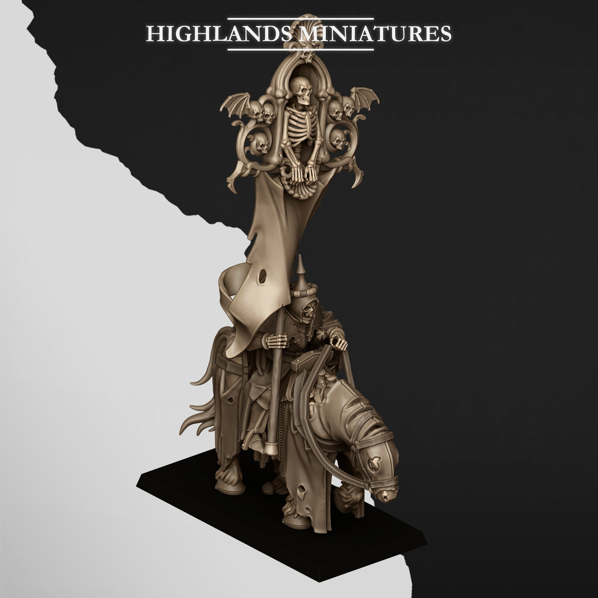 Mounted Skeletal Lord Battle Standard Bearer, the lord with the banner, rear three-quarter view from the right, Highlands Miniatures render