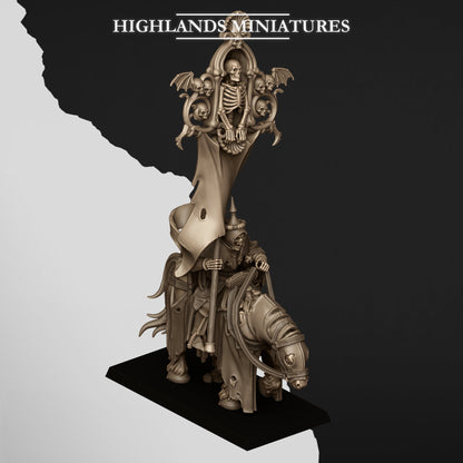 Mounted Skeletal Lord Battle Standard Bearer, the lord with the banner, rear three-quarter view from the right, Highlands Miniatures render