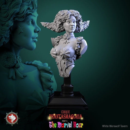 Render of Madame Pachadora Bust | Circus Ringmistress Collector Bust: Circus ringmistress bust with cake-trimmed hat and star cheek mark, from White Werewolf's The Marvel Hour. 3D printed resin collector bust with stand.