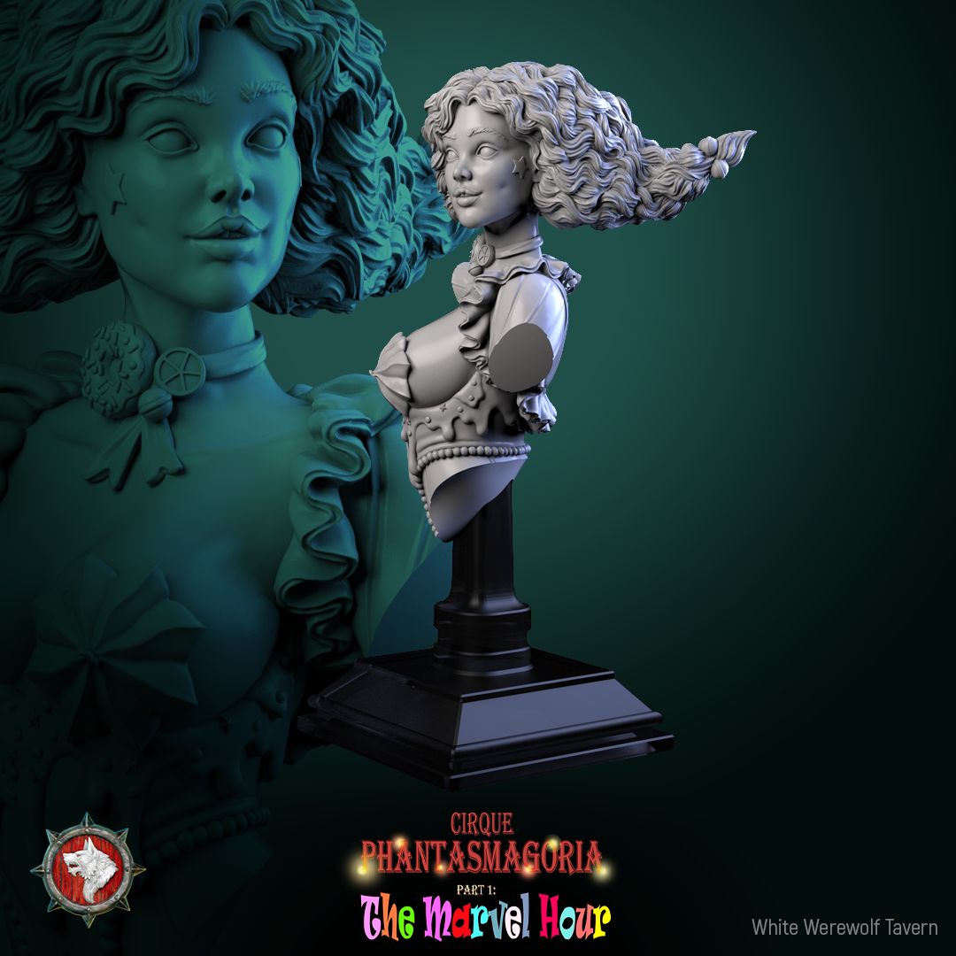 Render of Madame Pachadora Bust | Circus Ringmistress Collector Bust: Circus ringmistress bust with cake-trimmed hat and star cheek mark, from White Werewolf's The Marvel Hour. 3D printed resin collector bust with stand.