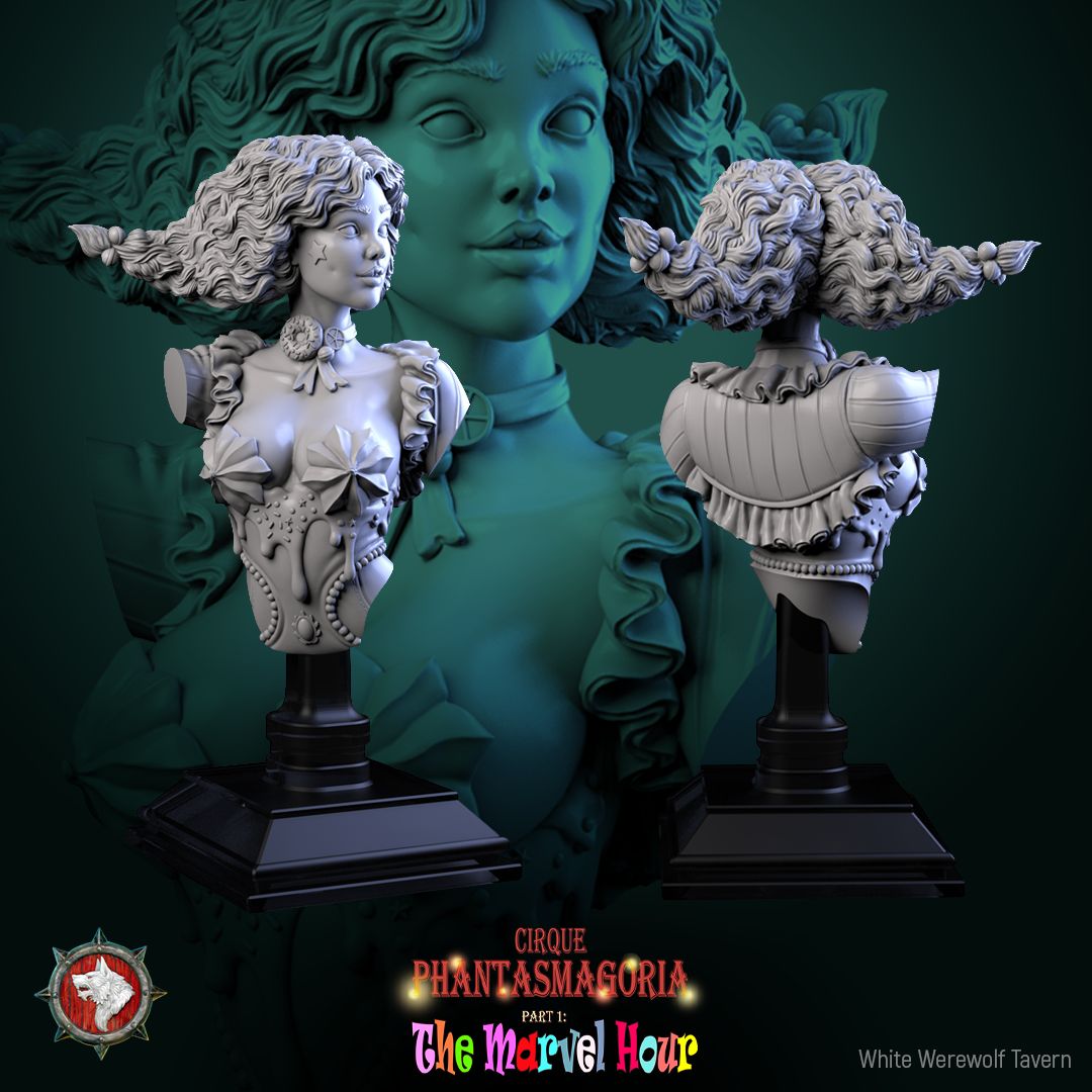 Render of Madame Pachadora Bust | Circus Ringmistress Collector Bust: Circus ringmistress bust with cake-trimmed hat and star cheek mark, from White Werewolf's The Marvel Hour. 3D printed resin collector bust with stand.