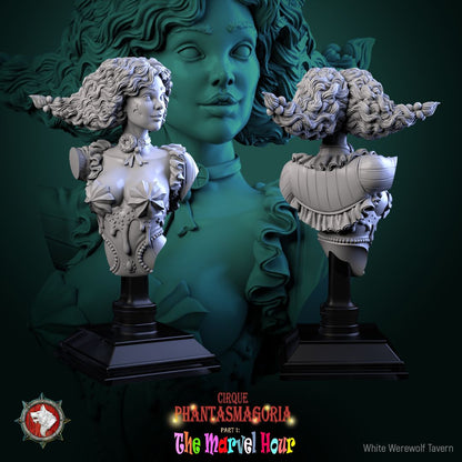 Render of Madame Pachadora Bust | Circus Ringmistress Collector Bust: Circus ringmistress bust with cake-trimmed hat and star cheek mark, from White Werewolf's The Marvel Hour. 3D printed resin collector bust with stand.