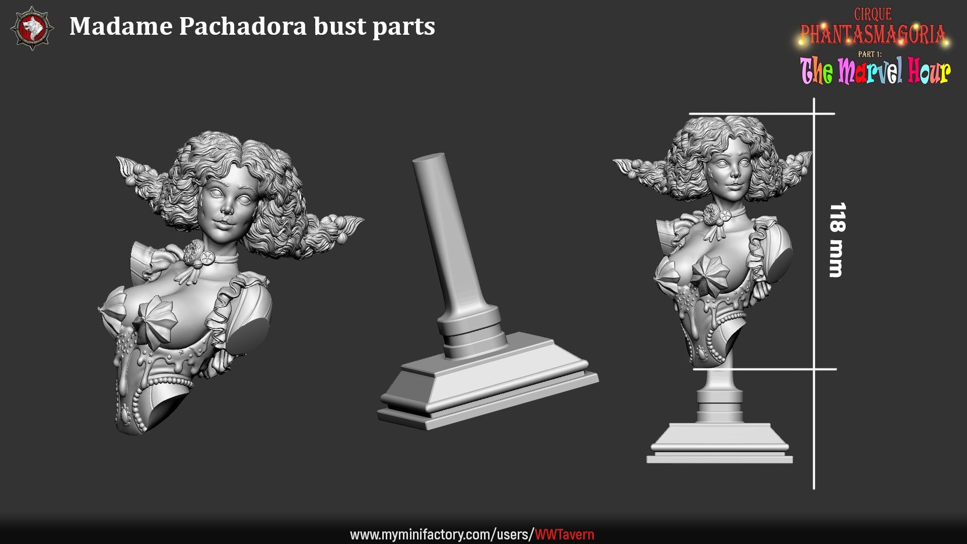Render of Madame Pachadora Bust | Circus Ringmistress Collector Bust: Circus ringmistress bust with cake-trimmed hat and star cheek mark, from White Werewolf's The Marvel Hour. 3D printed resin collector bust with stand.