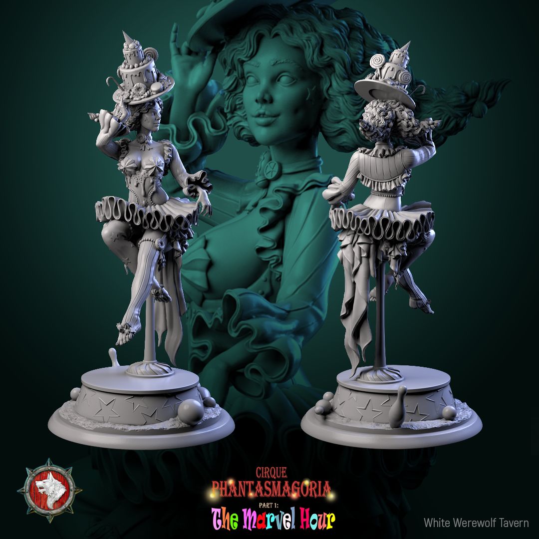 Render of Madame Pachadora | 32-75mm Circus Ringmistress Miniature: Circus ringmistress in cake hat and ruffled tutu on a star podium, from White Werewolf's The Marvel Hour dark carnival. 32-75mm 3D printed resin.