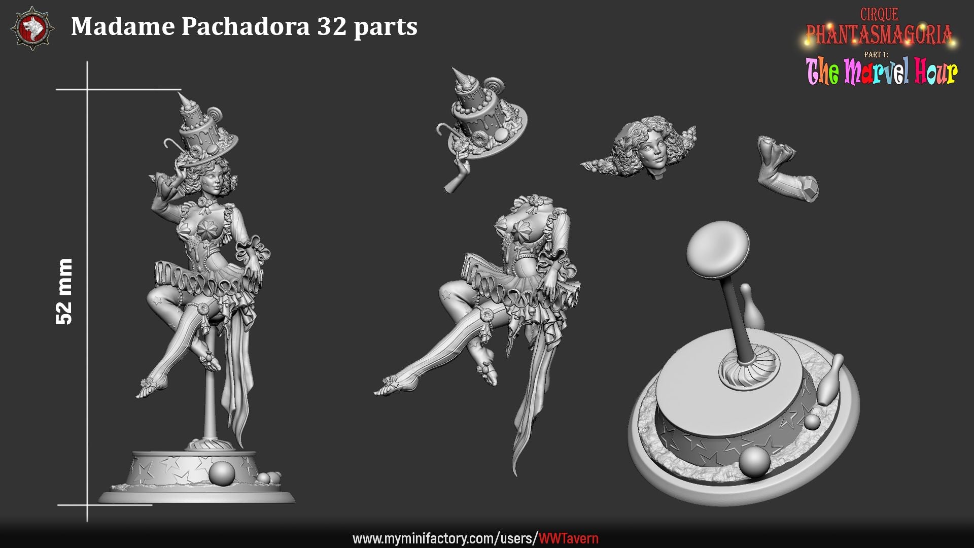 Render of Madame Pachadora | 32-75mm Circus Ringmistress Miniature: Circus ringmistress in cake hat and ruffled tutu on a star podium, from White Werewolf's The Marvel Hour dark carnival. 32-75mm 3D printed resin.