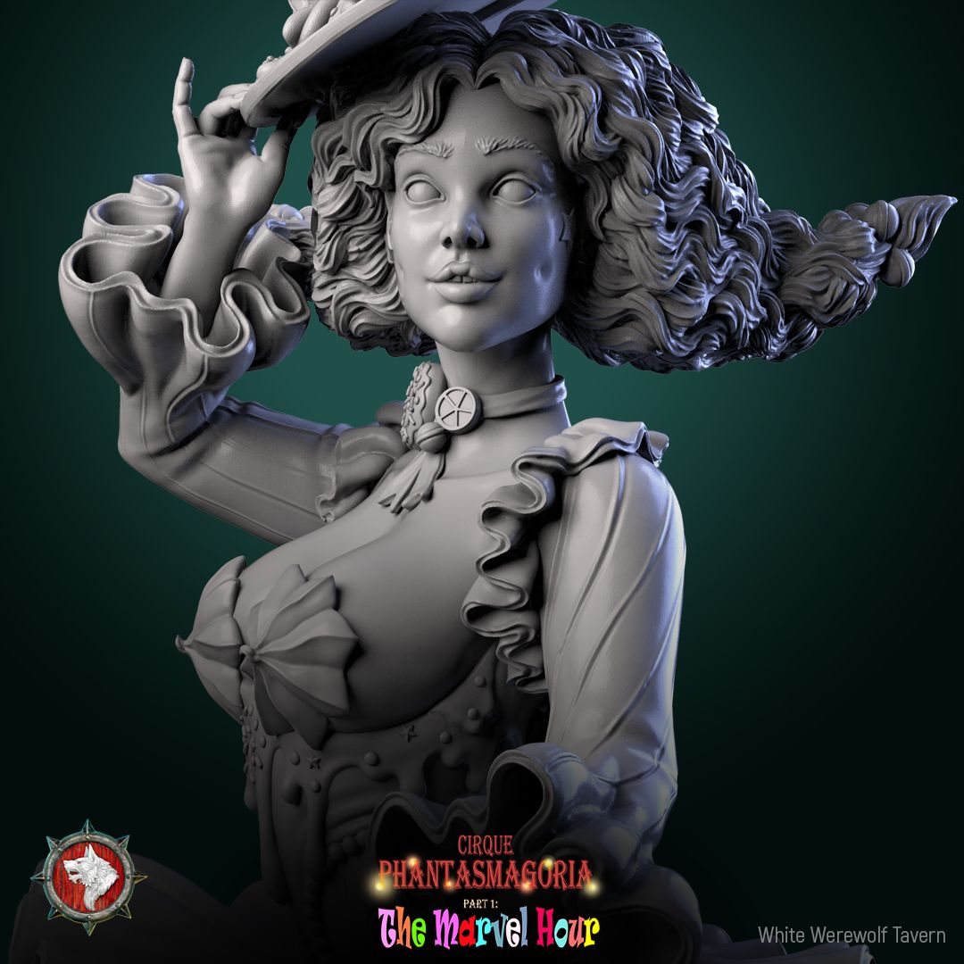 Render of Madame Pachadora | 32-75mm Circus Ringmistress Miniature: Circus ringmistress in cake hat and ruffled tutu on a star podium, from White Werewolf's The Marvel Hour dark carnival. 32-75mm 3D printed resin.
