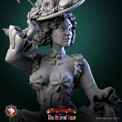 Render of Madame Pachadora | 32-75mm Circus Ringmistress Miniature: Circus ringmistress in cake hat and ruffled tutu on a star podium, from White Werewolf's The Marvel Hour dark carnival. 32-75mm 3D printed resin.