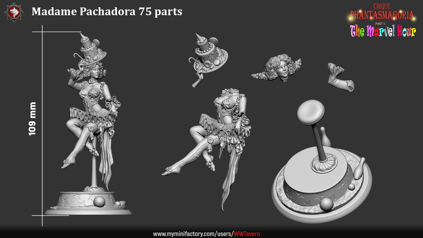 Render of Madame Pachadora | 32-75mm Circus Ringmistress Miniature: Circus ringmistress in cake hat and ruffled tutu on a star podium, from White Werewolf's The Marvel Hour dark carnival. 32-75mm 3D printed resin.