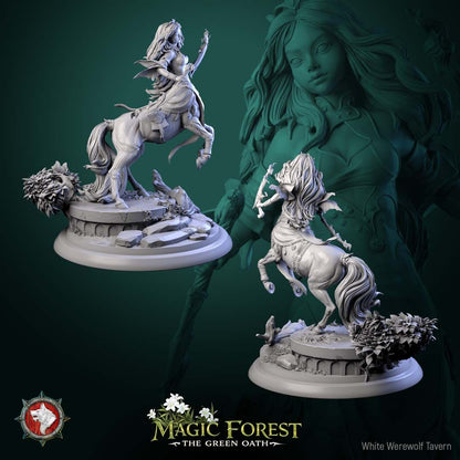 Render of Mara Swifthoof | 32-75mm Female Centaur Archer Miniature: Female centaur huntress with bow and sword descending mossy ruins, from White Werewolf's Magic Forest: The Green Oath. 32-75mm 3D printed resin miniature.