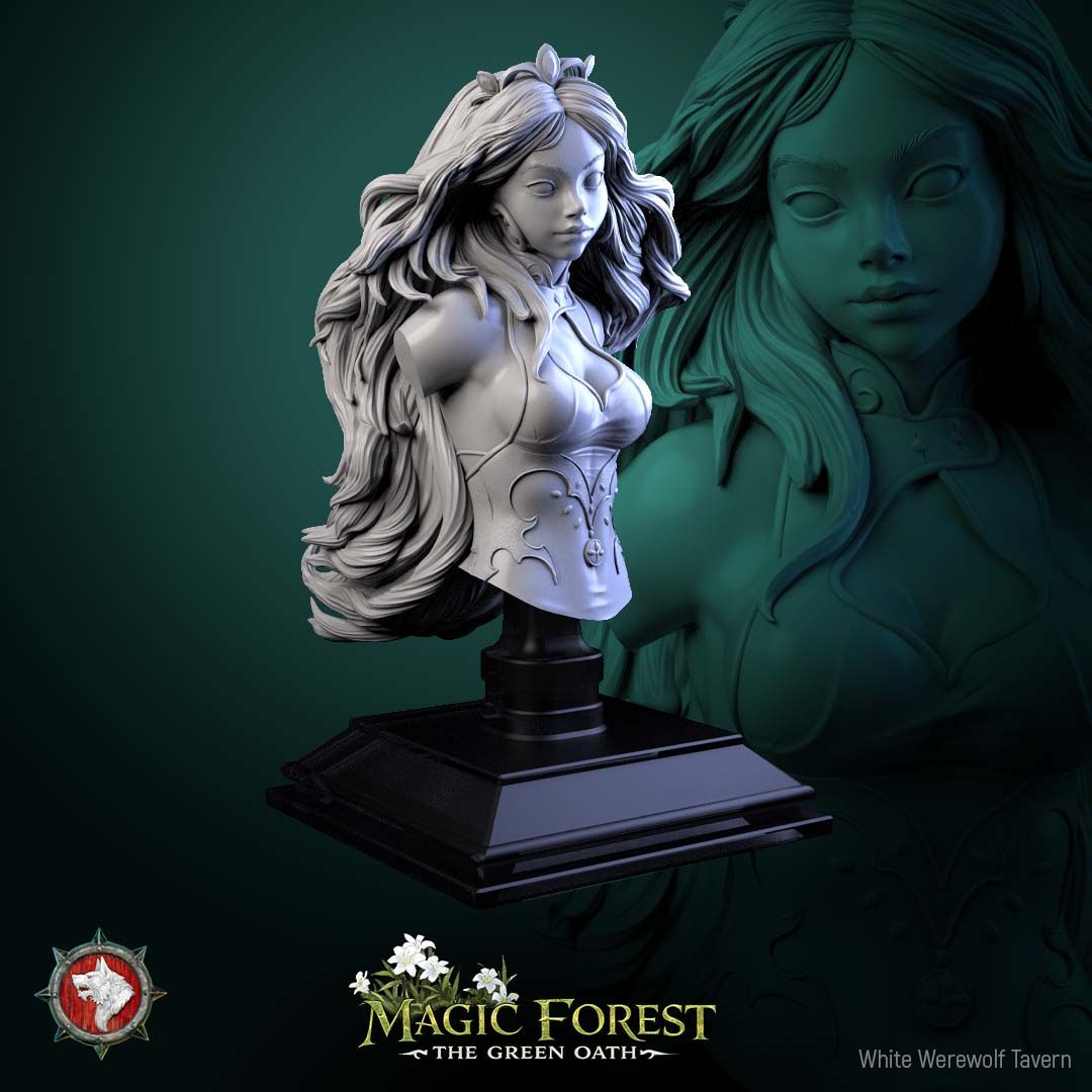 Render of Mara Swifthoof Bust | Female Centaur Collector Bust: Female centaur huntress bust with flowing hair, leaf circlet, and pendant bodice, from White Werewolf's Magic Forest: The Green Oath. 3D printed resin bust.