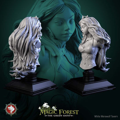 Render of Mara Swifthoof Bust | Female Centaur Collector Bust: Female centaur huntress bust with flowing hair, leaf circlet, and pendant bodice, from White Werewolf's Magic Forest: The Green Oath. 3D printed resin bust.
